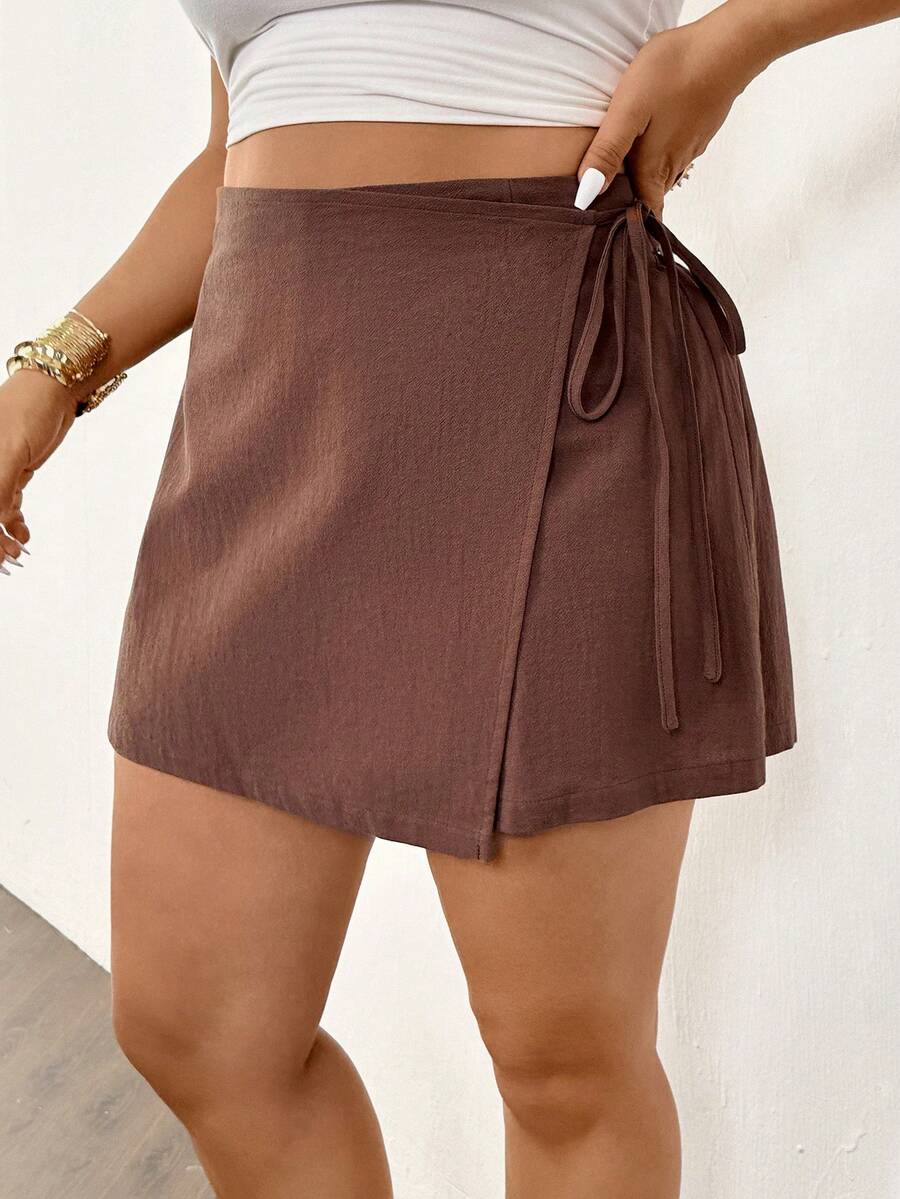 SHEIN Frenchy Pantalones culotte casuales de talla grande para mujer con lazo en la cintura de unicolor - Marrón Mocha - Ver 1