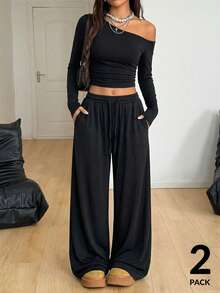 Coolane Women's Daily Wear Essentials Knit Stretchy Comfy Asymmetrical Neck Long Sleeve Tops And Wide Leg Sweatpants Tracksuit Two Pieces Outfits 2 Pc Women Outfits Casual 2 Piece Set Pants Set Two Piece 2 Piece Outfit Woman 2 Piece Outfits - Black - View 3