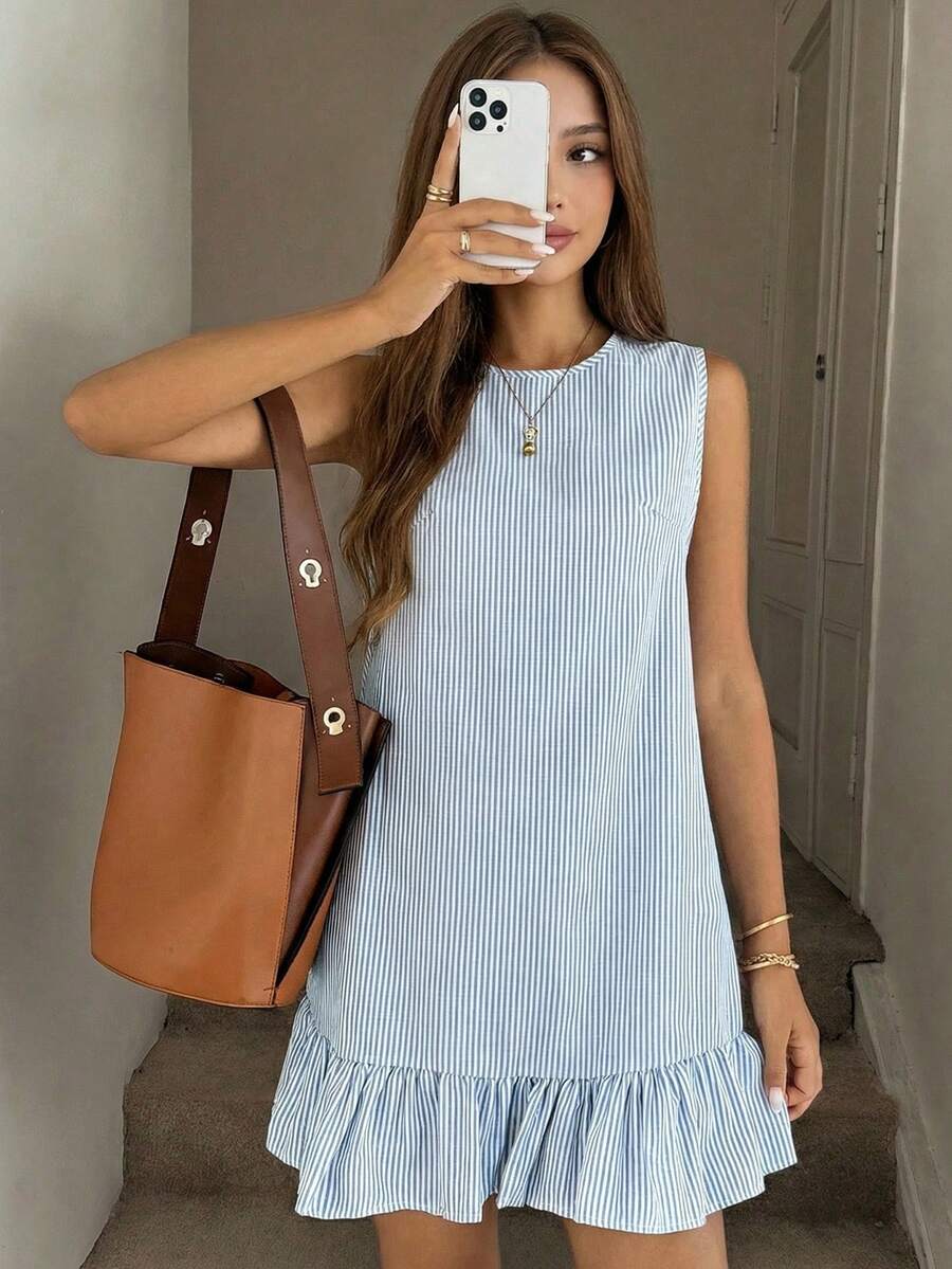 SHEIN Teen Girls' Round Neck Blue & White Striped Casual Summer Dress With Ruffle Hem Light Blue Striped Dress Preppy Dress Summer Casual Dress Sleeveless Ruffle Dress - Blue and White - View 1