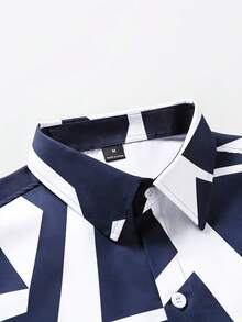 Manfinity Homme Men's All-Over Print Single-Breasted Casual Versatile Daily Wear Short Sleeve Shirt - Navy Blue - View 4