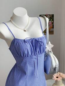Comfortcana 2026 New Arrival Spring/Summer Women's Casual Plaid Strap Mini Dress, Summer Blue Gingham Dress Blue Sundress Cute Dress Easter Dress Women  Vacation Outfits Women - Blue - View 6