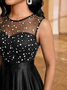 SHEIN Lady Women's Polka Dot Mesh Patchwork Round Neck Sleeveless Pleated Hem Elegant Mid-Length Dress - Multicolor - View 8