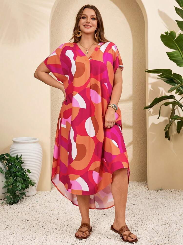 Plus Size Women's Summer Casual Vacation Colorful Color Geometric Pattern V-Neck Short Sleeve Casual Shorter In Front And Longer In Back Loose Long Dress,Summer Holiday,Spring Break Outfits ,Vacation Outfits Women ,Holiday Outfits For Women,Going Out Outfits,2026 New Clothes,Simple And Fashionable For Everyday Wear,Suitable For Summer, Vacation, Daily Wear,Casual Dresses For Women,Flowy Dress ,Beach Outfits For Women