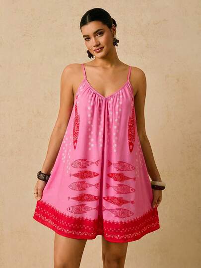 Travachic Plus Size Fish Print Jumpsuit, Deep V-Neck Backless Tie Strap Colorful Retro Pattern Vacation Shorts For Women, New