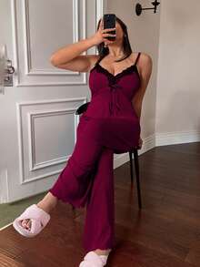 Napfluff CURVE Napfluff CURVE 大码蕾丝拼接吊带背心和阔腿裤套装，针织休闲家居服两件套 - 酒紅色 - 查看 3