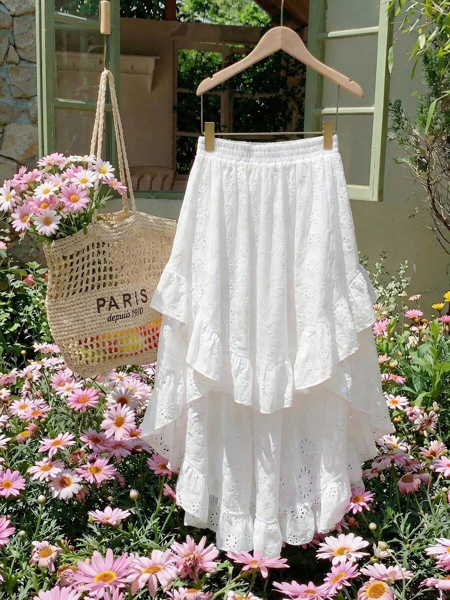 SHEIN MOD Plus Size White Embroidered Front Short Back Long Skirt, Spring/Summer Vacation Skirt