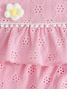 SHEIN 女婴夏季新款3D立体针织提花荷叶边下摆背心搭配波点花卉边饰阔腿短裤套装，适合休闲、度假、甜美可爱的场合。 - 粉色 - 查看 7