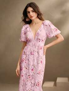 Anewsta 女士梭织水溶蕾丝泡泡袖短袖V领时尚印花连衣裙，花卉图案，春夏款，优雅 - 粉色 - 查看 4