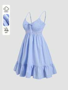 Sunnyshic Spring/Summer Fashion Women's Casual Dress, French Countryside Style Doll Collar Cotton Loose Sweet Short Dress - Blue - View 6