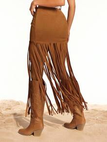Radiana 女士性感简约棕色低腰弹力绒面流苏半身裙，低腰长裙，复古西部流苏裙，西部乡村音乐节风格，适合休闲外出、音乐节、演唱会、派对、街头风等场合。 - 棕色 - 查看 4