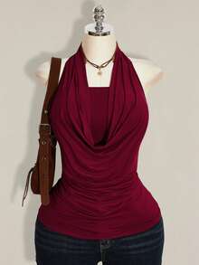 SHEIN ICON Plus Size 2pcs Western Women Going Out Summer Boho Halter Neck Brown Backless Women Tank Tops & Camis - Burgundy - View 1