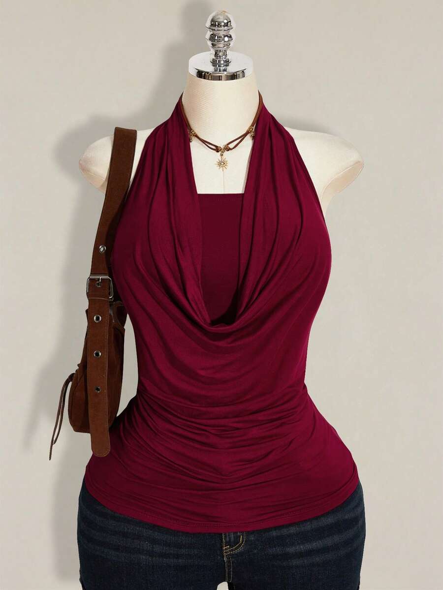 SHEIN ICON Plus Size 2pcs Western Women Going Out Summer Boho Halter Neck Brown Backless Women Tank Tops & Camis - Burgundy - View 1