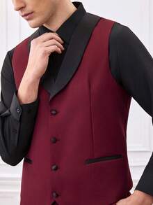 Officeau SuitGent 三件套男士高品质商务西装，撞色新郎婚礼礼服，修身休闲西装外套和裤子套装，春季礼服套装 - 酒紅色 - 查看 6