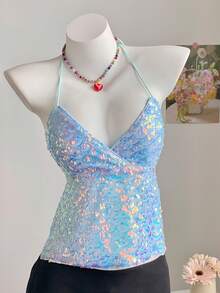 SHEIN Comfortcana 女士亮片性感百搭露背系带短款上衣 - 藍色 - 查看 6