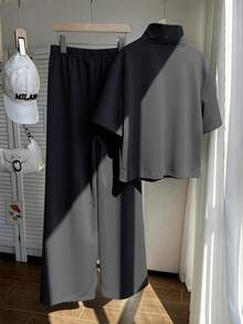 SHEIN 两件套少女时尚休闲卫衣套装，灰色翻领拉链短袖露脐连帽衫搭配同色宽松长裤，正面刺绣设计，适合外出、室内、运动、聚会、上学、春季、夏季、秋季穿着。 - 深灰色 - 查看 2