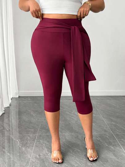 Elenzga Plus Size Women's High Waist Tie Burgundy Cropped Leggings, Slim Fit High Stretch Skinny Pants, Versatile For Commuting And Dating