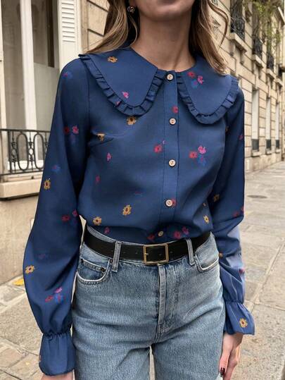Easura 大码女式优雅休闲荷叶边领长袖彩色花卉印花藏蓝色休闲百搭开衫