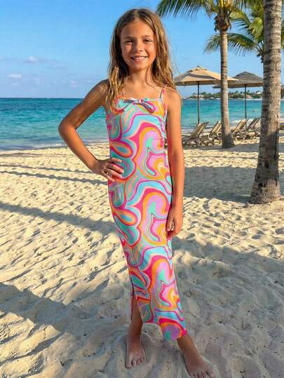 Emery Rose Kids Young Girls Casual Mixed Knitted Tie-Dye V-Neck Sleeveless Dress Young Girl Casual Street Style Tie-Dye Slip Dress Holiday Outfits Young Girls Colorful Abstract Summer Midi Cami Dress With Bow Detail For Beach Holiday