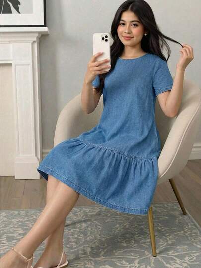 Teen Girl Loose Tie-Front Denim Dress, Blue,Kid Girls Spring And Summer Casual Vacation Country Boho Wear, Beach Outfits For Kid Girls,Comfortable And Soft Denim Dress,Teen Girl  Dress