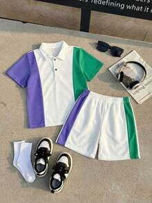 SHEIN 2-Pack Young Boys' Casual Sports Retro Loose-Fitting POLO Shirt And Shorts Set,Multi-Color Stitching Japanese & Korean Style Summer Kids Outfits - White - View 5