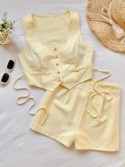 Comfortcana Women's Solid Color Single-Breasted Vest And Shorts 2 Pieces Set