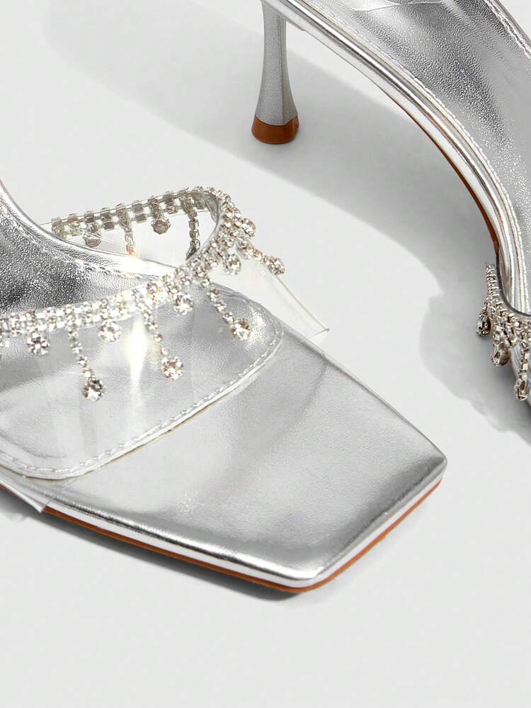 CUCCOO SZL Women Shoes Summer Square Toe Slender High Heel Silver Transparent Film Rhinestone Chain Open Toe Women's Sandals Sexy Fashion Gorgeous With Skirts Banquet Party Night Club Women's High Heel Sandals Slippers