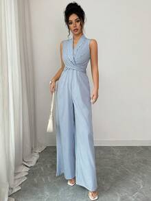 SHEIN Elenzya Bộ jumpsuit nữ thanh lịch màu xanh trắng kẻ sọc cổ chữ V, eo chéo, ống rộng, thích hợp cho mùa xuân/hè. - Xanh và trắng - Xem 7