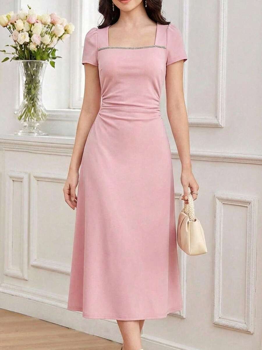 Pitira 儿童夏季长裙套装，柔软舒适，适合少女派对穿着，白色，方领，褶皱设计，收腰，魅力连衣裙，优雅大方，适合派对、婚礼季、节日、情人节、花童/伴娘礼服。方领连衣裙，粉色中长连衣裙，淡粉色少女连衣裙，短袖连衣裙，优雅女士连衣裙，淡粉色连衣裙，粉色正式连衣裙，粉色中长连衣裙，粉色短袖连衣裙，舞会礼服，粉色伴娘礼服，粉色女士连衣裙。 - 粉色 - 查看 1