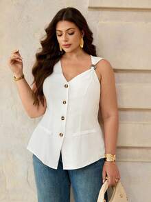 Franclia Plus Size Women's Solid V-Neck Open Front Button Fake Pocket Decor Single Side Pearl Embellished Sleeveless Top Vest, White, Summer, Office - White - View 7