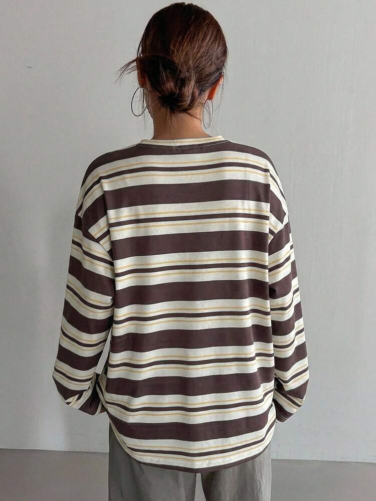 Women's Striped Loose Long Sleeve Round Neck Long T-Shirt, Summer Oversized
