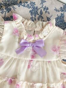 SHEIN 女婴时尚休闲碎花蝴蝶结装饰蛋糕裙，适合春、夏、秋季、居家、度假、节日、派对、日常穿着 - 彩色 - 查看 4