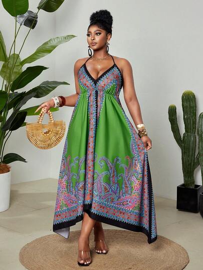 Maweii Plus Size Women's Vacation Print Spaghetti Strap V-Neck Backless Bow Tie Elastic Waist Maxi Dress, Versatile Design For Party, Music Festival, Casual, Beach, Date Night, Valentine's Day