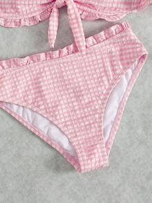 Swim Mod Women's Pink Sweet Bikini 2-Piece Set, Featuring Textured Bubble Fabric, Bow Accent At Bust, High-Waisted Ruffled Hem, Retro Houndstooth Pattern, Halter Neck And Back Tie Design, Cute And Energetic For Beach, Pool Party, Valentine's Day - Pink - View 8