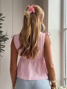 CovetEZ 甜美性感粉色蕾丝V领常规肩短袖T恤，女士夏季修身抽绳露脐T恤，性感露脐，独特设计可爱夏季上衣，女士夏季上衣，女士度假夏季服装，女士夏季上衣，女士度假套装，女士夏季服装，女士夏季套装 - 粉色 - 查看 2