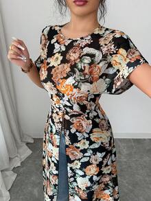 Breezaya Áo dài tay ngắn cổ tròn in hoa xẻ tà dành cho nữ, thích hợp cho kỳ nghỉ. - màu đen - Xem 3