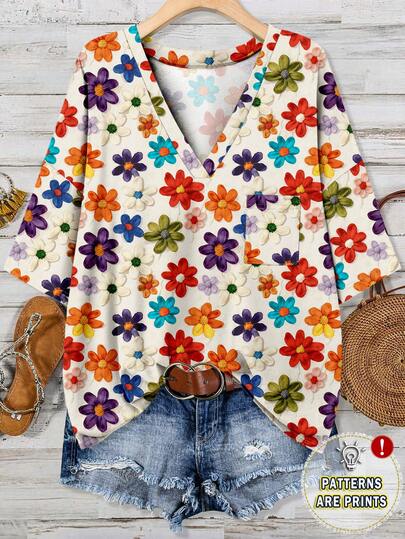 Mellowie 休闲浪漫水彩花卉印花宽松V领口袋短袖T恤，适合夏季、音乐节、派对等场合，大码可选