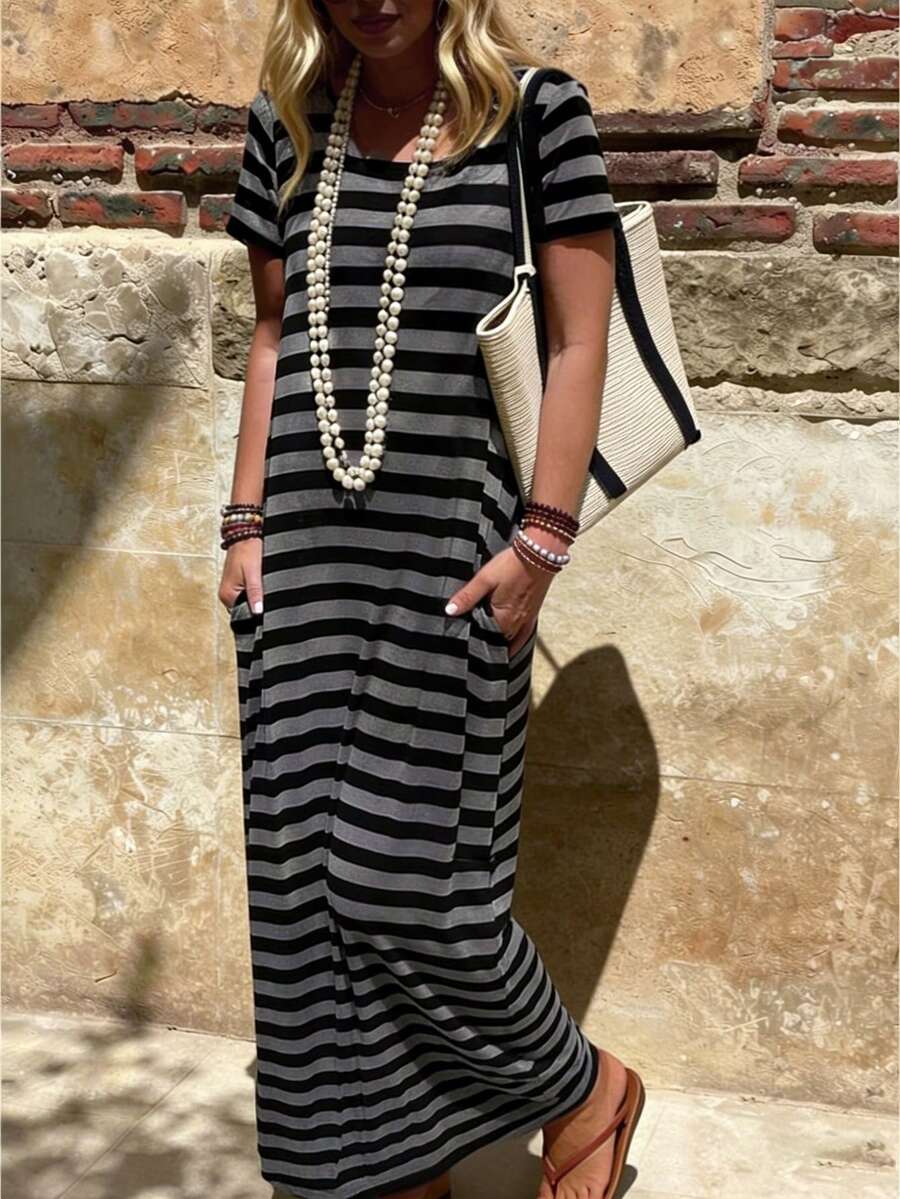 Selamara 休闲度假条纹短袖连衣裙 - 深灰色 - 查看 1