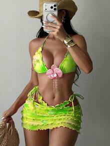 Swim SXY 女士26ss新款印花比基尼套装，层叠荷叶边裙摆，性感优雅甜美沙滩派对度假三件套比基尼套装 - 彩色 - 查看 1