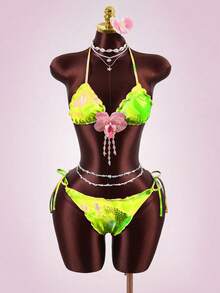 Swim SXY 女士26ss新款印花比基尼套装，层叠荷叶边裙摆，性感优雅甜美沙滩派对度假三件套比基尼套装 - 彩色 - 查看 4