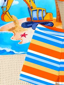 SHEIN 男宝宝经典时尚休闲度假风，可爱挖掘机图案，沙滩风，撞色拼接，多巴胺色条纹，适合夏季、海滩、度假、游泳，修身圆领短袖短裤泳衣套装 - 彩色 - 查看 6