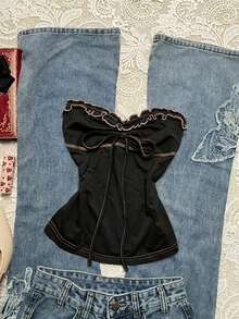 Attitoon 女士休闲复古紧身抹胸上衣，撞色设计，胸前褶皱，适合女士夏季日常穿着 - 黑色 - 查看 9