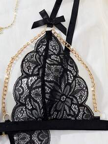 1pc Women Lace Sexy Bodysuit Lingerie For Going Out, Baddie Look - Black - View 4