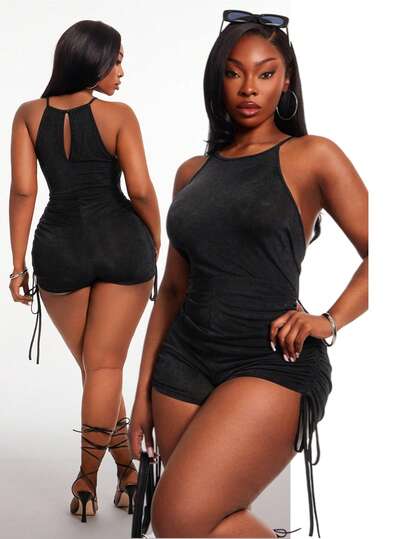 SHEIN SXY 大码女式纯色侧抽绳休闲连体衣