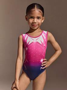2pcs Girls' Activewear Set,Black And Purple Gradient Print Leotard,Soft Stretchy Fabric,Suitable For Gymnastics,Summer,Gym,Sport Training Exercises - Multicolor - View 7