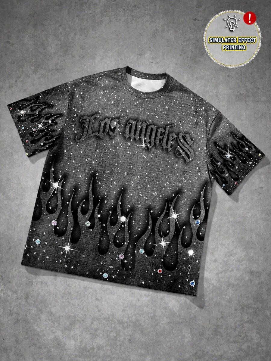 Manfinity EMRG Men's Dark Grey Summer Streetwear City Break Los Angeles Fire Flame Graphic Print T-Shirt,Vintage 2000s Gothic Rhinestone Oversized Short Sleeve Tee - Multicolor - View 1