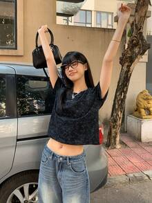 DAZY 女士圆领字母图案休闲百搭日常短袖T恤 - 黑色 - 查看 5