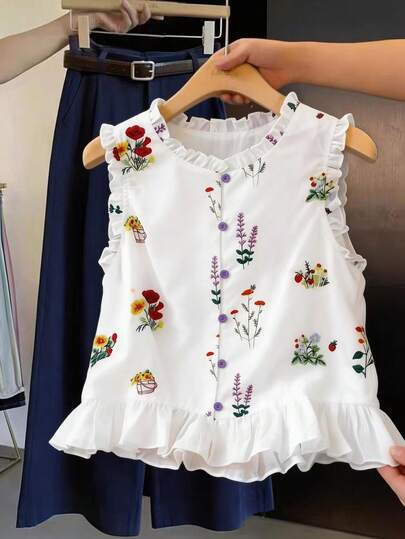 GlowEve Spring/Summer New Artistic French Sweet Ditsy Floral Frill Trim Sleeveless Blouse Top