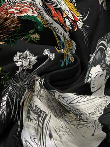 ROMWE Avant Music Festival New Chinese Style Dark Punk Tiger Head Geisha Slogan Chrysanthemum Plant Calligraphy Rose Sexy Camisole And Low Waist Flared Pants 2 Pieces Set For Women - Black - View 4