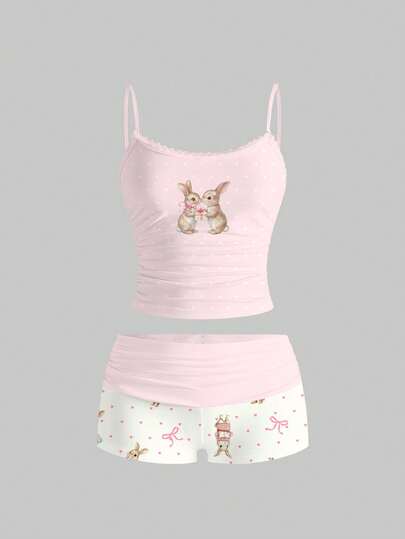 ROMWE Kawaii 可爱春夏学院风纯真兔耳蝴蝶结吊带背心和性感短裤两件套女装