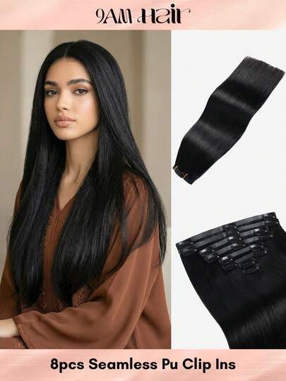 Seamless Clip Ins 18 Inch 8 Pcs 120g Seamless Clip In Hair Extensions Black Clip In Extensions Pu Weft Real Human Hair Clip Ins Silky Straight For Thinning Hair